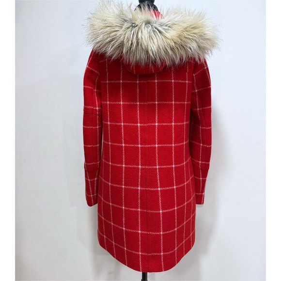 J. Crew Chateau Parka Red White Windowpane Plaid Removable Faux Fur Collar Coat - Picture 13 of 16